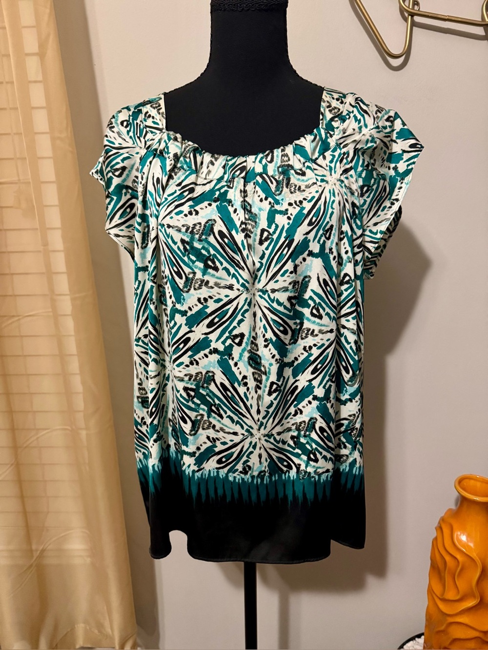 Ann Taylor Teal, Black and White Patterned Short Sleeve Tunic